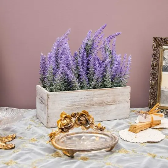 Artificial Lavender Fake Flower Plant in Rustic Pot Wooden Box for Decorations image {1}