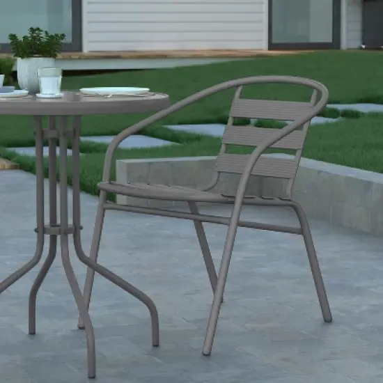 Emma and Oliver 23.75'' Round Glass Top Metal Table with 2 Aluminum Slat Stack Chairs image {5}