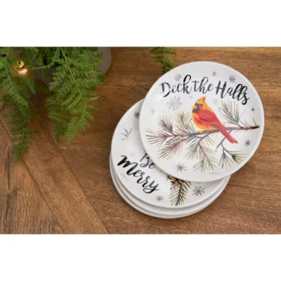 C&F Home 6" x 6" Holiday Sentiment Dolomite Round Dessert Plates Featuring Red Cardinals on Tree Branches Set Of 4 image {4}