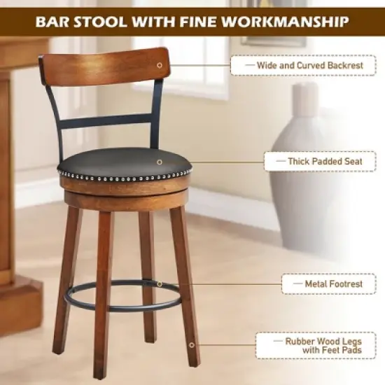 Costway Set of 2/4 BarStool 25.5'' Swivel Counter Height Dining Chair with Rubber Wood Legs image {9}