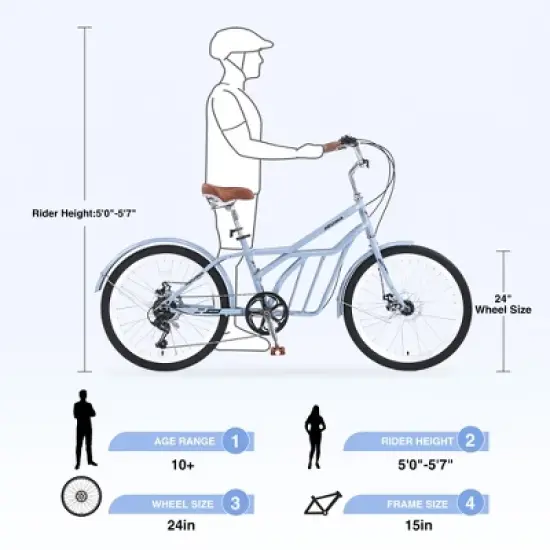 YONWAY 24 Inch Cruiser Bike, 6 Speeds Hybrid Bikes With Dual Disc Brake Suitable For Leisure Riding And Long-distance Commuting image {5}