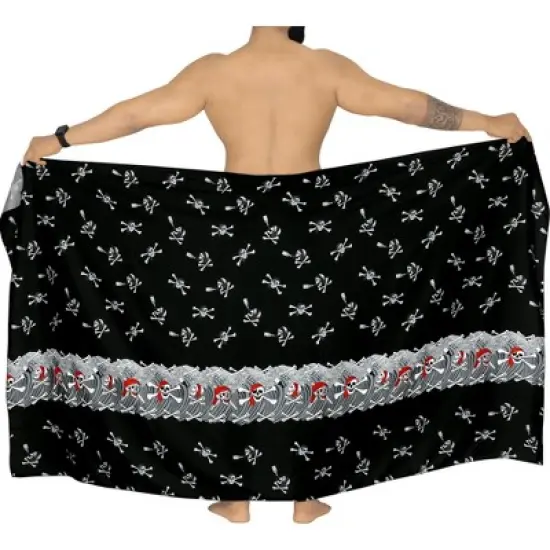LA LEELA Men's Pirates Sarong Wrap Pareo Caribbean Pirates Swim Trunks Swimwear Full Beach Wraps for Men One Size Skull Crossbones, Black image {4}
