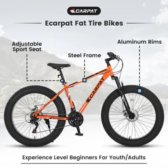 Gulches 26 Inch Fat Tire Bike Adult/Youth Full Shimano 21 Speed Mountain Bike, Dual Disc Brake, High-Carbon Steel Frame,Orange image {3}