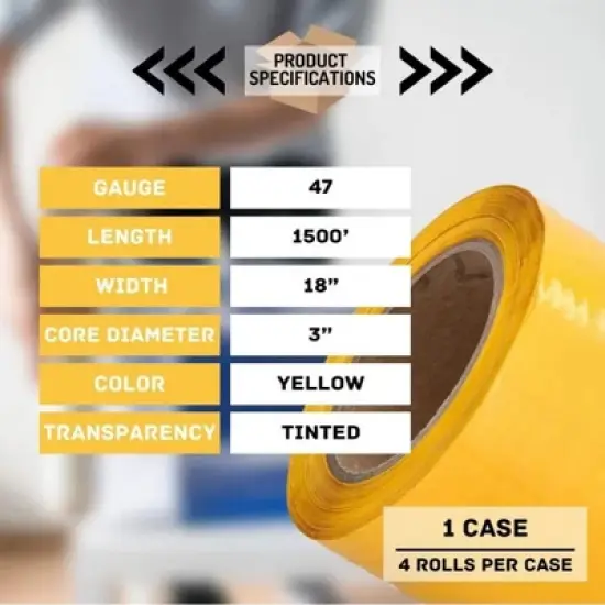PSBM 4 Rolls Tinted Yellow Hand Pallet Stretch Wrap, 18 in. x 1500 Ft. x 47 Gauge image {2}