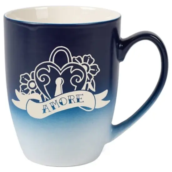 100 North Floral Heart 10 Ounce Navy Blue and White Two Toned Ombre, Comfortably Fits Your Hands, Ceramic Tea Coffee Cup Mug, Amore image {1}