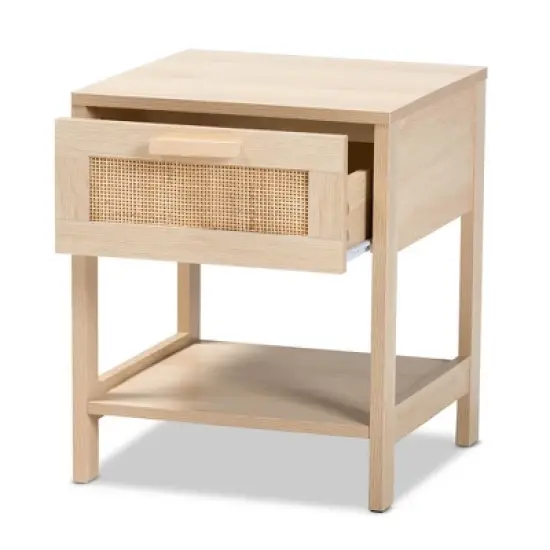 Sebille Wood with Natural Rattan 1 Drawer Nightstand Light Brown - Baxton Studio: Mid-Century Design, Organizational Storage image {1}