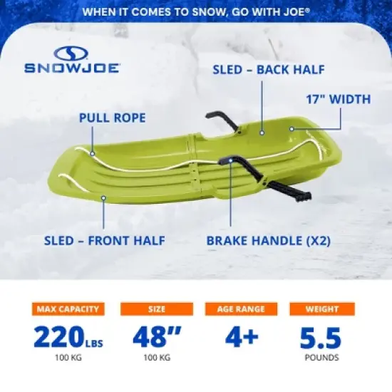 Snow Joe Plastic Snow Sled, Durable 48 Inch Sledding Toboggan Board with Handles and Rope for Winter Sports and Recreation, Green, SJ-SLD48-GRN image {5}