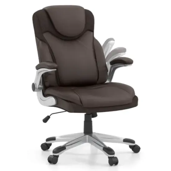 Costway Ergonomic Office Chair PU Leather Executive Swivel with Flip-up Armrests Brown/White/Black image {12}