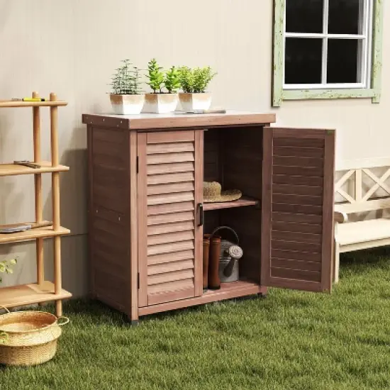 PAGED Potting Bench with Storage Cabinet and Metal Table Top,Outdoor Storage Cabinet with Screen Door Design,Potting Table for Garden image {3}