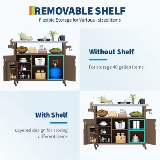 Outdoor Grill Cart with Storage Cabinet, Farmhouse Solid Wood Kitchen Island on Wheels, Outdoor Grill Table with Stainless Steel Table Top image {6}