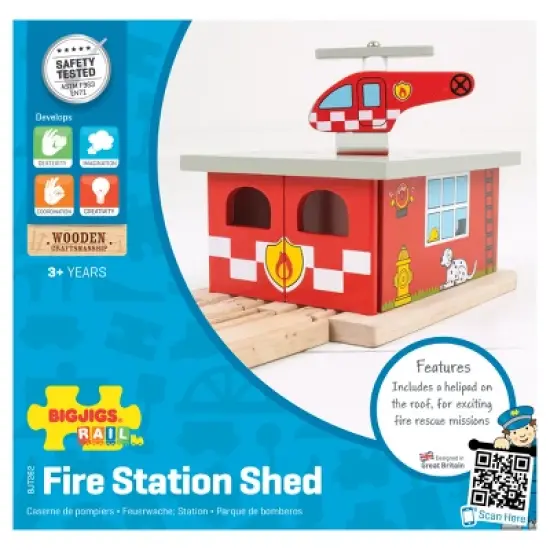 Bigjigs Rail Fire Station Shed Wooden Railway Train Set Accessory image {1}