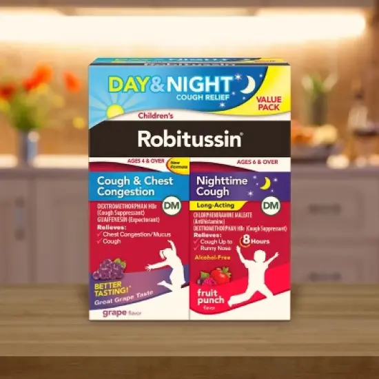 Children's Robitussin Day/Night Cough & Chest Congestion DM - Dextromethorphan - Grape & Fruit Punch Flavors - 4 fl oz/2pk image {1}
