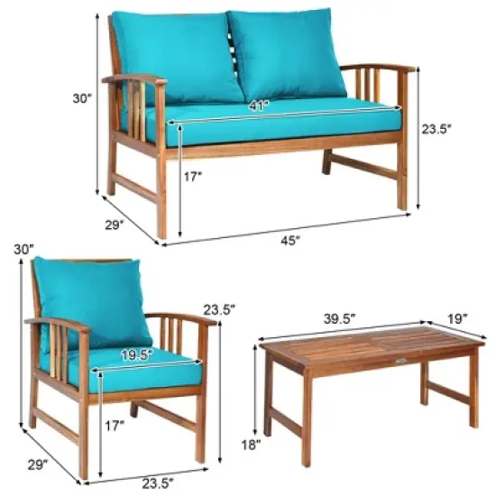 Tangkula 8pcs Wooden Patio Furniture Set Table & Sectional Sofa w/ Turquoise Cushion image {8}