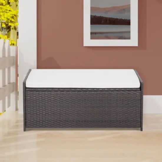 WELLFOR 34gal Patio Storage Bench PE Rattan Storage Box with Seat Cushion Mix Brown image {3}