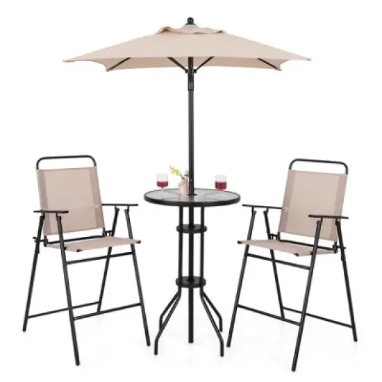 Costway 4PCS Patio Bistro Set Folding Counter Height Chairs Round Bar Table& Umbrella image {10}