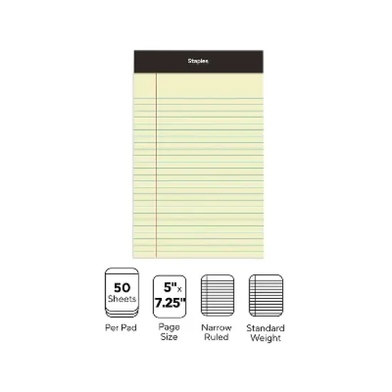 Staples Notepads 5" x 8" Narrow Canary 50 Sheets/Pad 12 Pads/Pack (26829) 163832 image {2}