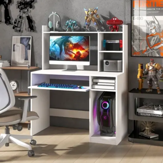 Tangkula Computer Desk w/ Charging Station 43.5&rdquo; Gaming Table Workstation w/ Keyboard Tray CPU Stand & Storage Shelves White/Black image {3}