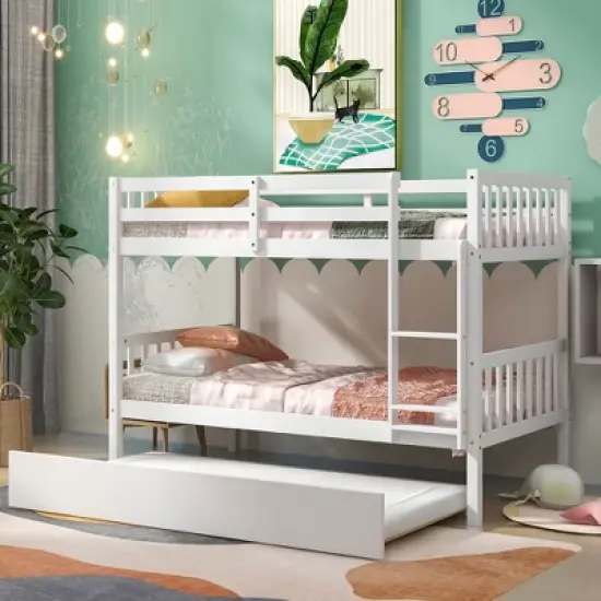 Twin Over Twin Wood Bunk Bed with Trundle, Safety Rail and Ladder-ModernLuxe image {6}