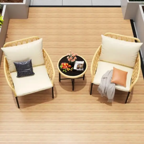 3-Piece Bistro Patio Set, All-Weather Wicker Conversation Set with Cushions & Coffee Table for Garden, Balcony, Deck, or Poolside &uml;C Beige image {4}