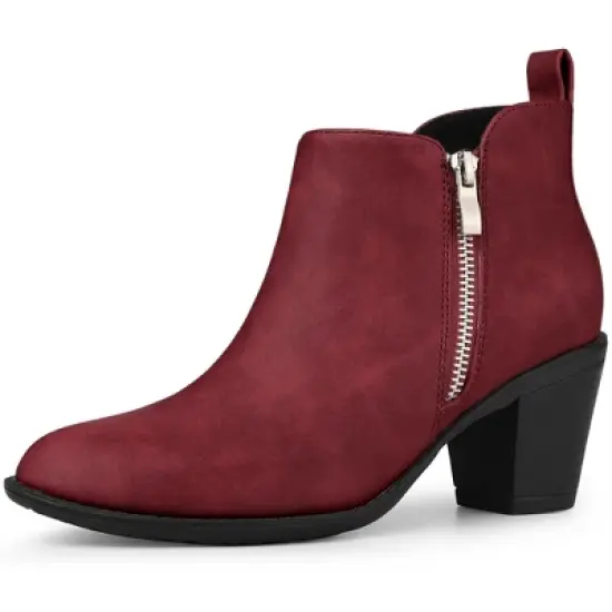 Allegra K Women's Low Chunky Heels Zipper Western Ankle Booties image {6}