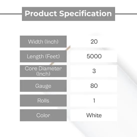 PSBM 1 Roll Opaque White Machine Length Hand Stretch Wrap, 20 in. x 5000 Ft. x 80 Ga image {2}