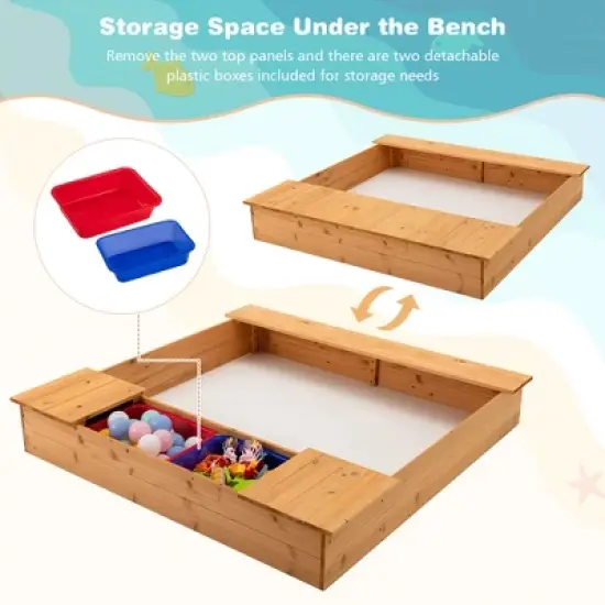 Costway Kids Wooden Sandbox w/ Bench Seats & Storage Boxes  Children Outdoor Playset image {5}