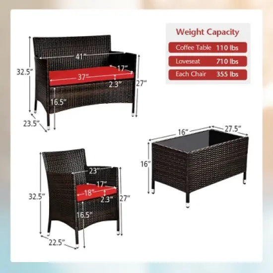 Costway 4PCS  Patio Furniture Set  Rattan Conversation Set W/ Tempered Glass Coffee Table Cushion Red image {3}