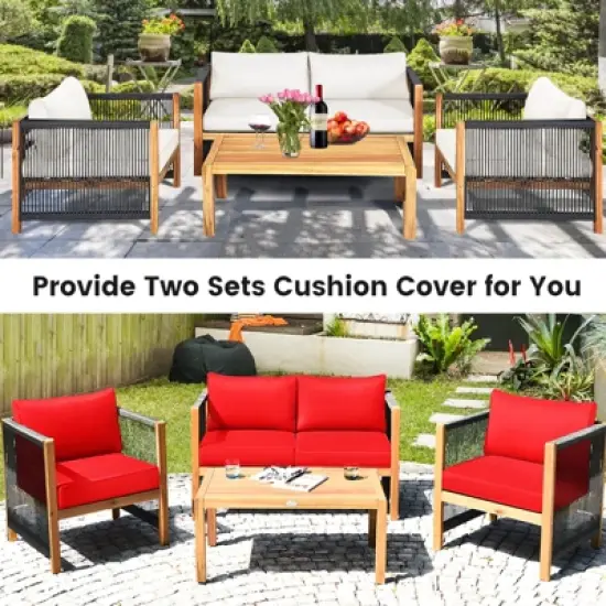 Costway 4 PCS Wood Outdoor Patio Furniture Set with Cushions White Red Cushion Cover Sets White+Red/Turquoise image {9}