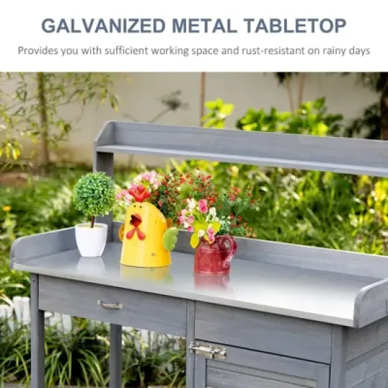 MOEPISY Outdoor Potting Bench Table, Garden Work Station with Storage Cabinet, Open Shelf and Steel Tabletop, Gray image {3}
