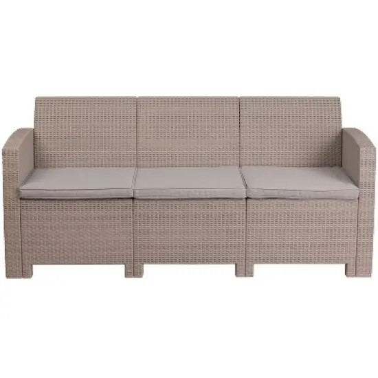 Merrick Lane Outdoor Furniture Resin Sofa Faux Rattan Wicker Pattern Patio 3-Seat Sofa With All-Weather Cushions image {3}