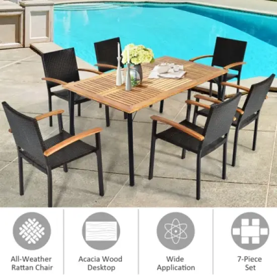 Tangkula 7 PCS Patio Rattan Dining Furniture Set Armrest Chairs Wooden Table image {4}