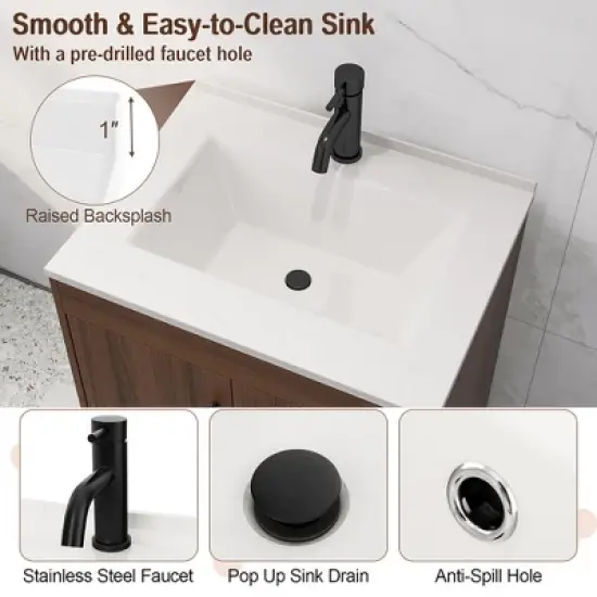 Tangkula 25 Inch Wooden Bathroom Vanity Sink Combo with Open Shelf & Sink & Pop Up Drain image {4}