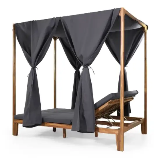 Christopher Knight Home Kinzie Outdoor Acacia Wood 2 Seater Adjustable Daybed with Curtains,Teak/Dark Gray image {4}