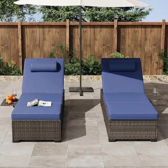 Lounge Chair Outdoor, PE Rattan Wicker Pool Lounge Chairs Set of 2 with Adjustable Backrest, Cushion, Cup Holder, for Poolside, Deck, Gray-Beige image {7}