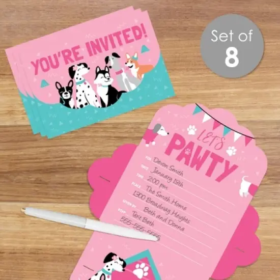 Big Dot of Happiness Pawty Like a Puppy Girl - Fill-In Cards - Pink Dog Baby Shower or Birthday Party Fold and Send Invitations - Set of 8 image {1}
