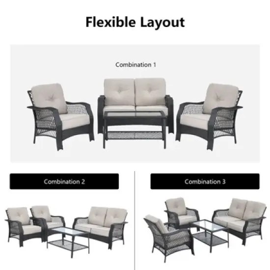 Tangkula 4PCS Patio Rattan Furniture Set Outdoor Conversation Set w/Tempered Glass Coffee Table Beige image {5}