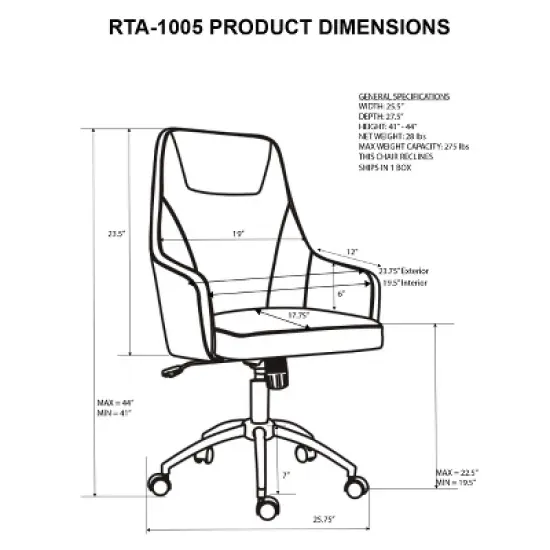 Comfy Height Adjustable Rolling Office Desk Chair- Gray- Techni Mobili image {5}