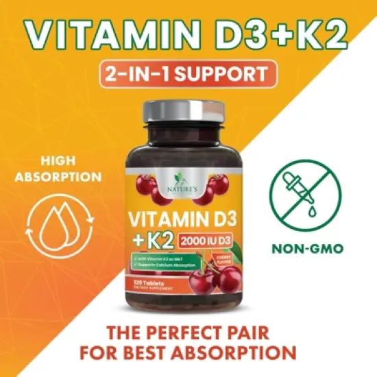 Vitamin D3 with K2 Supplement - High Potency Vitamin D Complex, Chewable - 60 Tablets;120 Tablets;180 Tablets image {2}