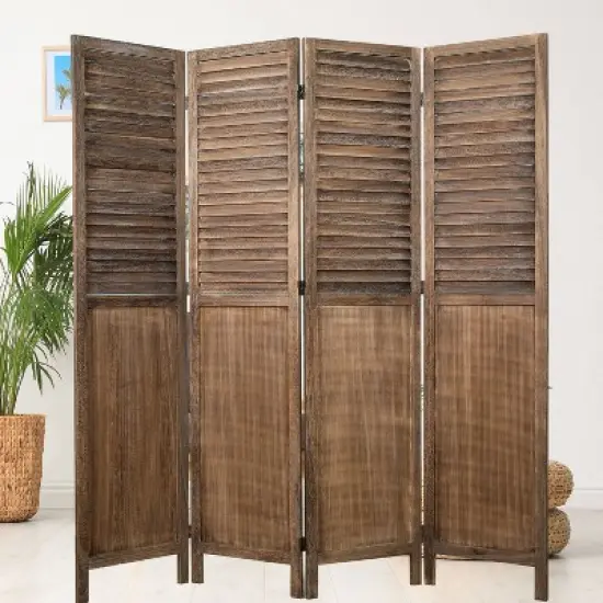 Rancho Shutter 4 Panel Room Divider with Folding Screen Room Partition Paulownia Wood Brown - Proman Products image {3}