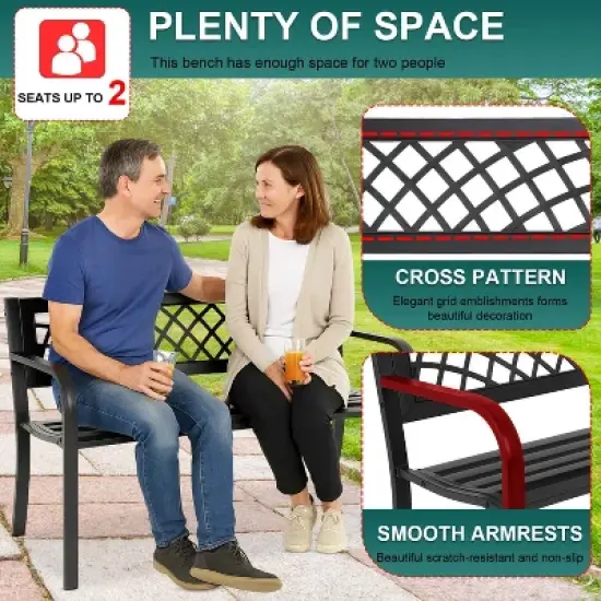 BestMassage Garden Bench 45 Inch Outdoor Bench with Comfortable Plastic Backrest and Armrests, Black image {4}