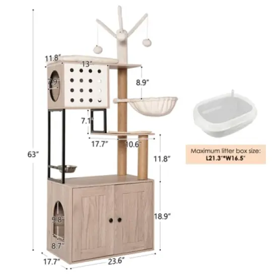 YOOCOZZ Cat Tree with Litter Box Enclosure,Cat Condo with Scratching Posts, Feeding Bowl and Removable Pompom Sticks image {9}