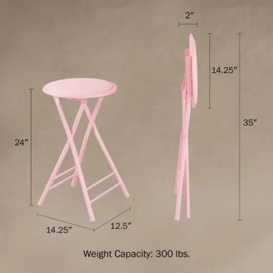 Set of 2 Counter Height Bar Stools &ndash; 24-Inch Backless Folding Chairs with 300lb Capacity for Kitchen, Rec Room, or Game Room by Trademark Home (Pink) image {1}