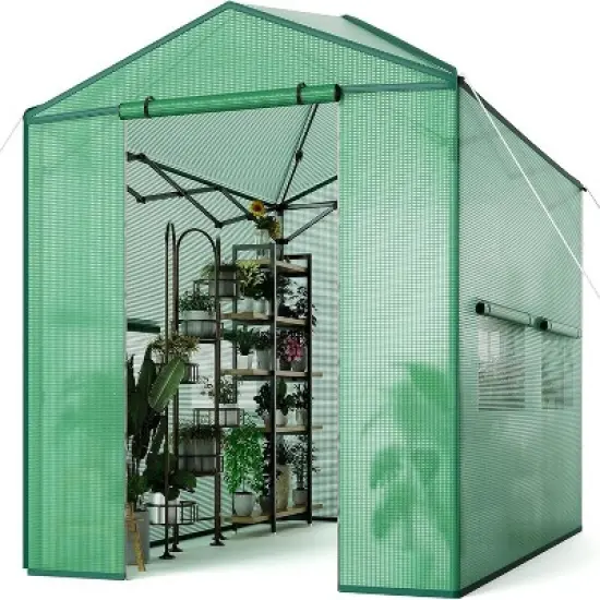 Portable Pop-Up Greenhouse For Outdoor Use, Featuring Zippered Doors And Mesh Window Walls, Heavy-Duty Pe Cover, Green. image {9}