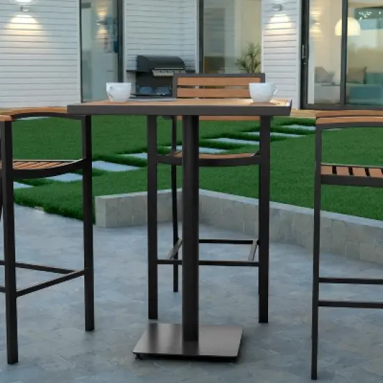 Emma and Oliver Outdoor Bar Height Table with Faux Teak Poly Slats image {1}