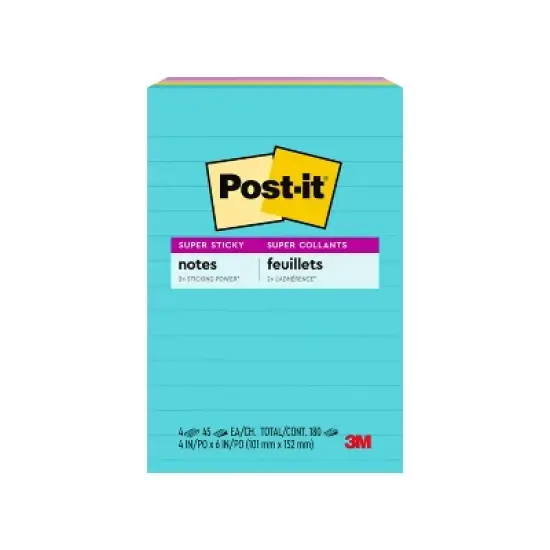 Post-it&reg; Super Sticky Notes, 4 in. x 6 in., Supernova Neons Collection, 4 Pads/Pack, 45 Sheets/Pad, Lined: Notepads, Multicolor, Art Design image {8}
