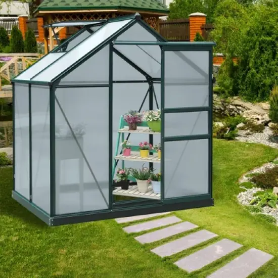 Outsunny Polycarbonate Greenhouse, Heavy Duty Outdoor Aluminum Walk-in Green House Kit with Vent & Door for Backyard Garden image {2}