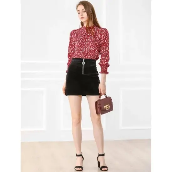 Allegra K Women's Smocked Cuffs Top Puff Sleeve Ruffled Neck Vintage Printed Blouses image {1}