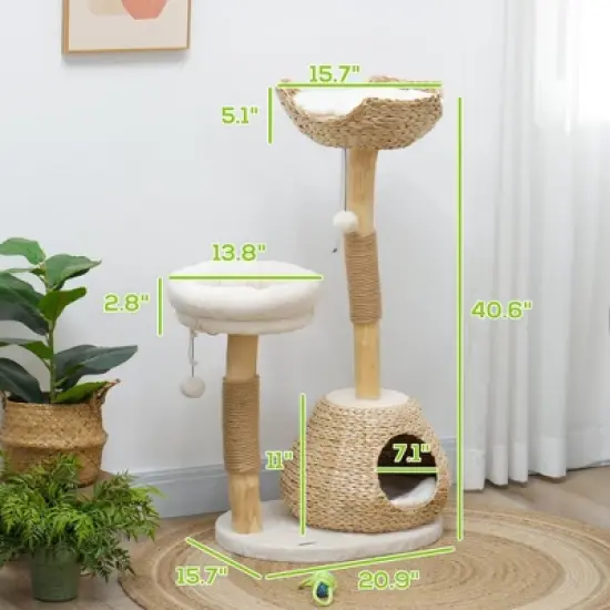SKYONE 37 Inch Cream White Cat Tree with Solid Wood Scratching Posts, Cattail Bed, Washable image {5}