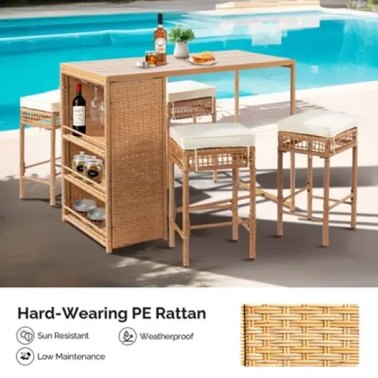 Patio 5-Piece Wicker Serving Bar Set with Cushions image {3}