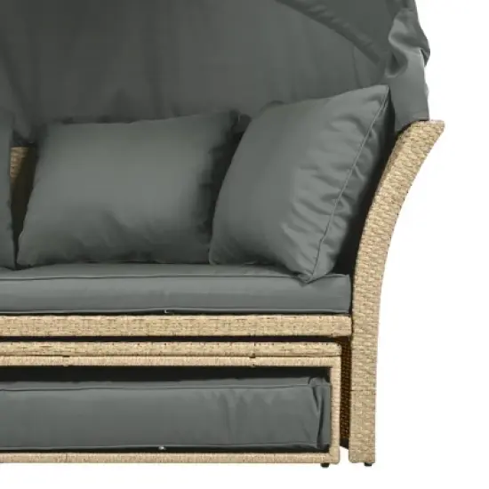 FIONECA Outdoor Patio Wicker Rattan Round Double Daybed with Retractable Canopy & 4 Pillows, Grey image {12}